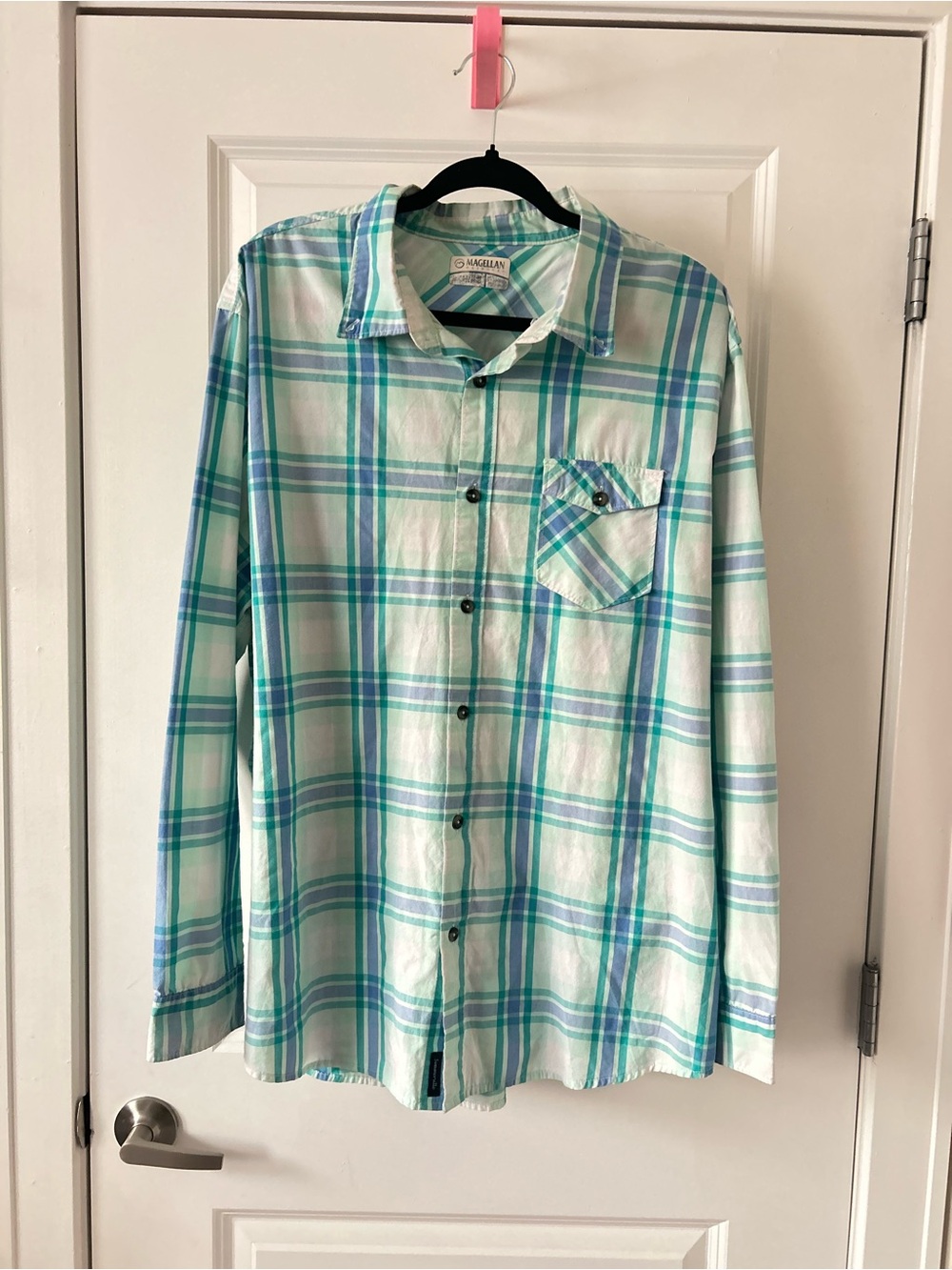 Magellan Outdoors Men's Teal and White Plaid Button-Up Shirt